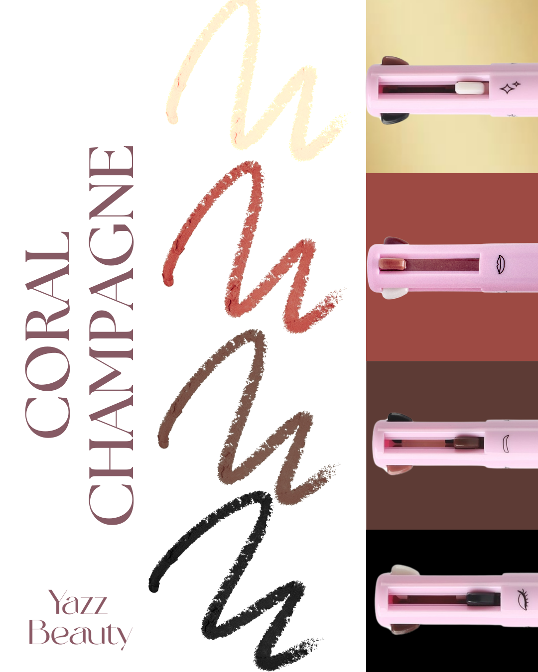Makeup Pen 4-in-1 Coral Champagne| Eyeliner, Brow, Lip Liner & Highlighter – Vegan & Refillable | Yazz Beauty